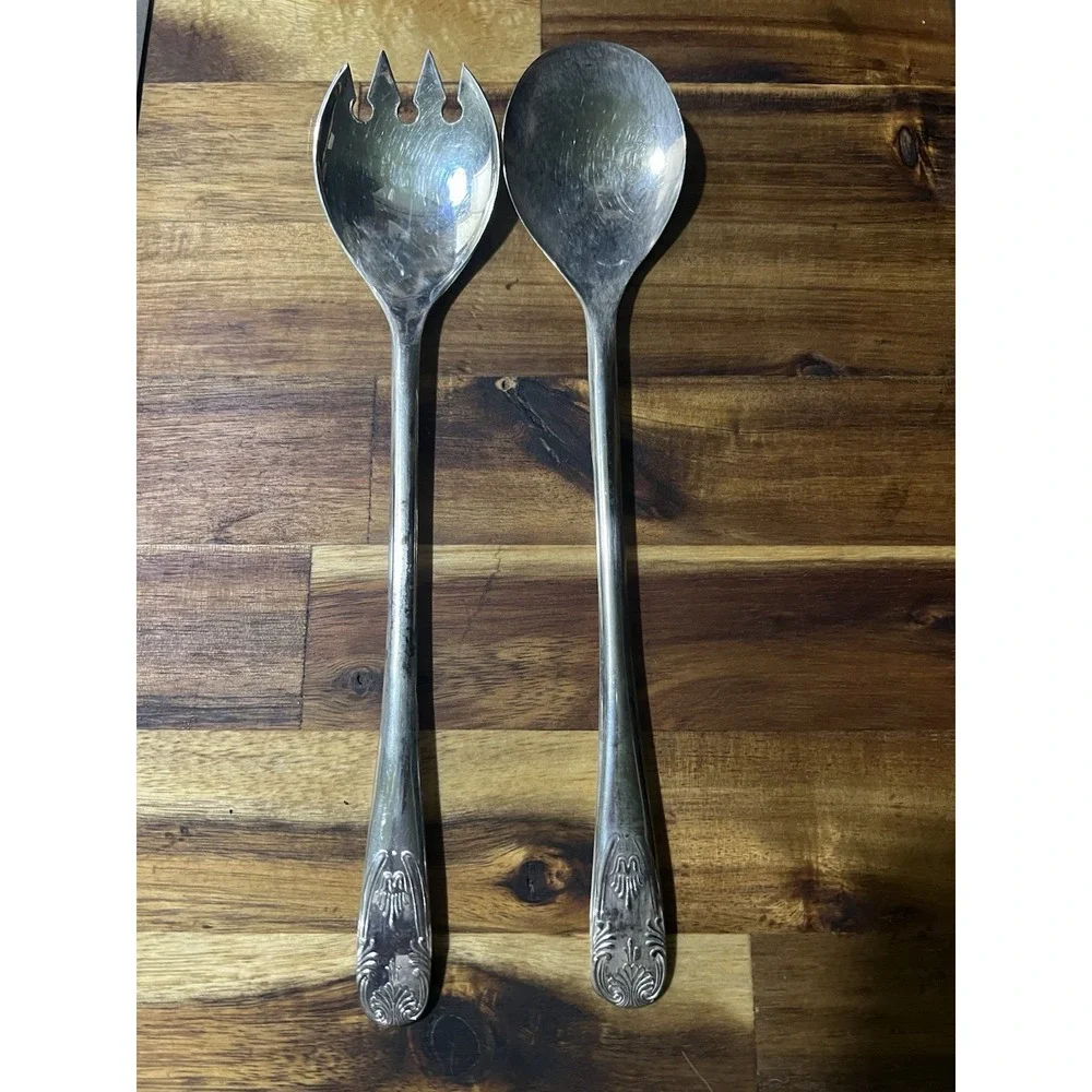 Vintage Italian Silver Plated Serving/Salad Fork And Spoon  Utensils 9 